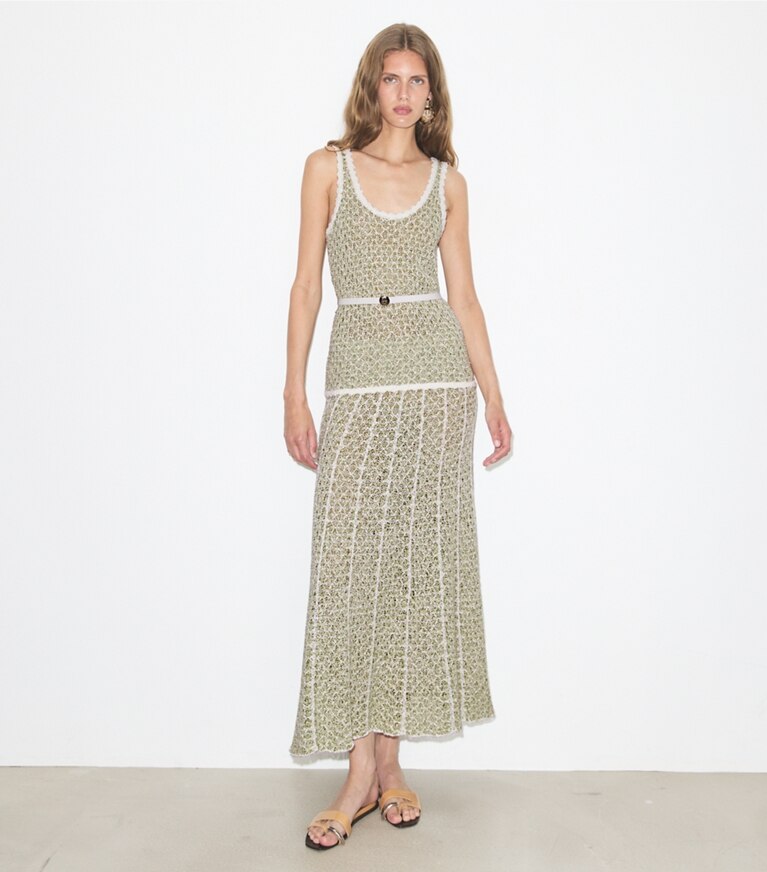 Tory Burch diseñador prendas inferiores Falda de punto plisada en Green / White frente en modelo
