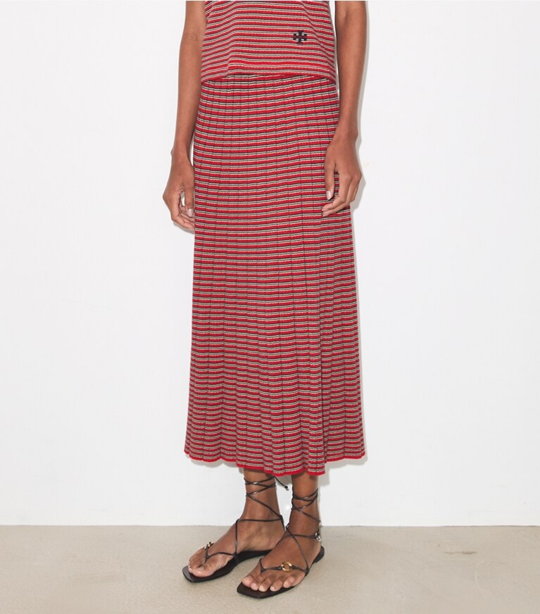 Tory Burch diseñador prendas inferiores Falda de rayas multicolores en Red / Navy / Ivory detalle en modelo