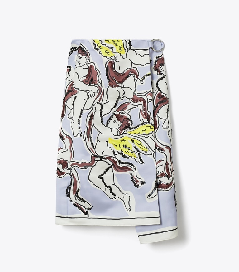 Tory Burch diseñador prendas inferiores Falda de satén estampada en Lilac Cherubs frente