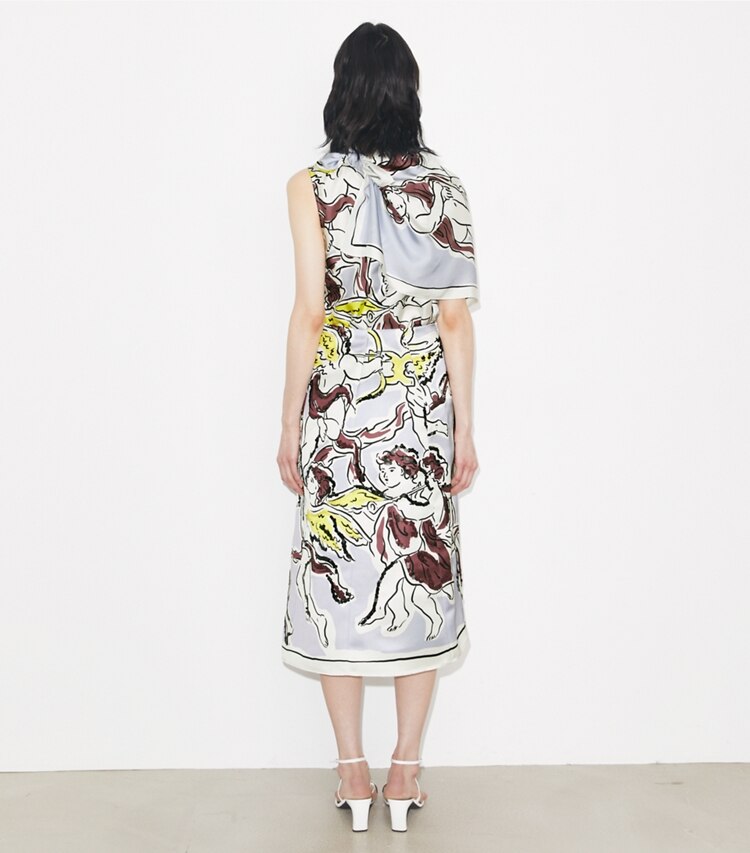 Tory Burch diseñador prendas inferiores Falda de satén estampada en Lilac Cherubs parte posterior en modelo