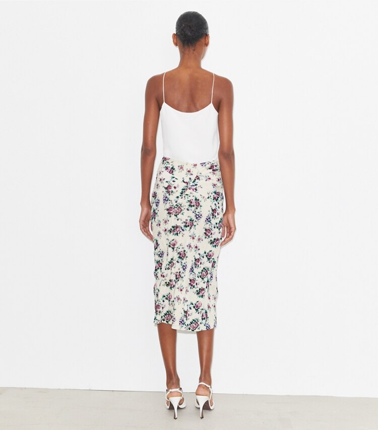Tory Burch diseñador prendas inferiores Falda de terciopelo de algodón estampado en Purple Floral parte posterior en modelo