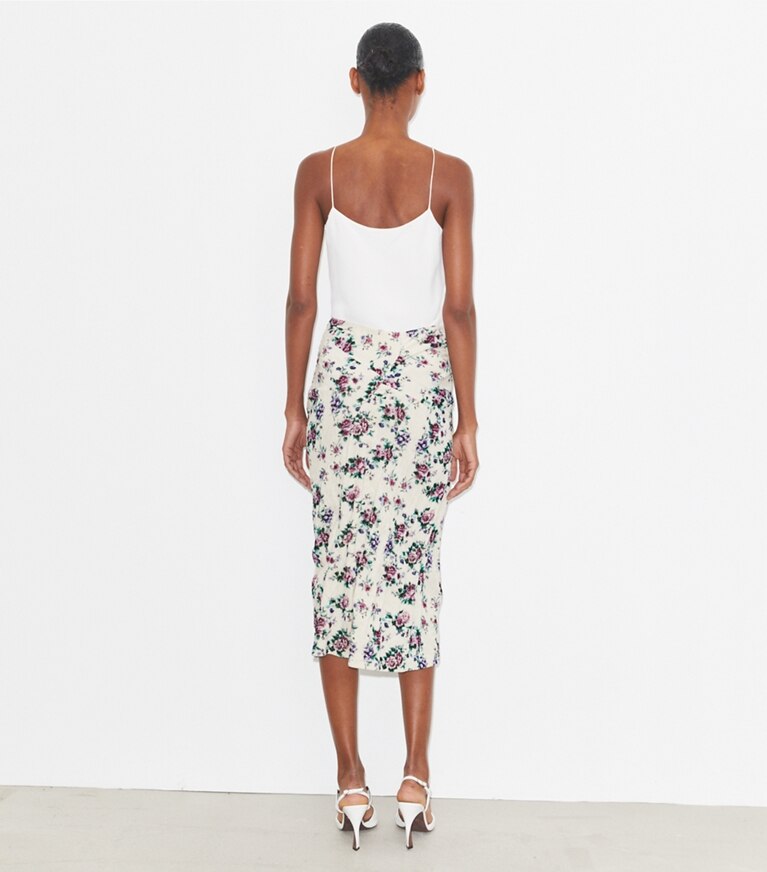 Tory Burch diseñador prendas inferiores Falda de terciopelo de algodón estampado en Purple Floral parte posterior en modelo