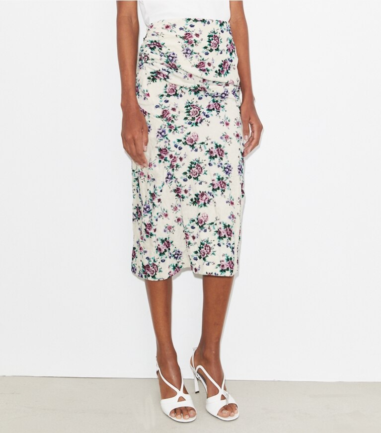 Tory Burch diseñador prendas inferiores Falda de terciopelo de algodón estampado en Purple Floral detalle en modelo