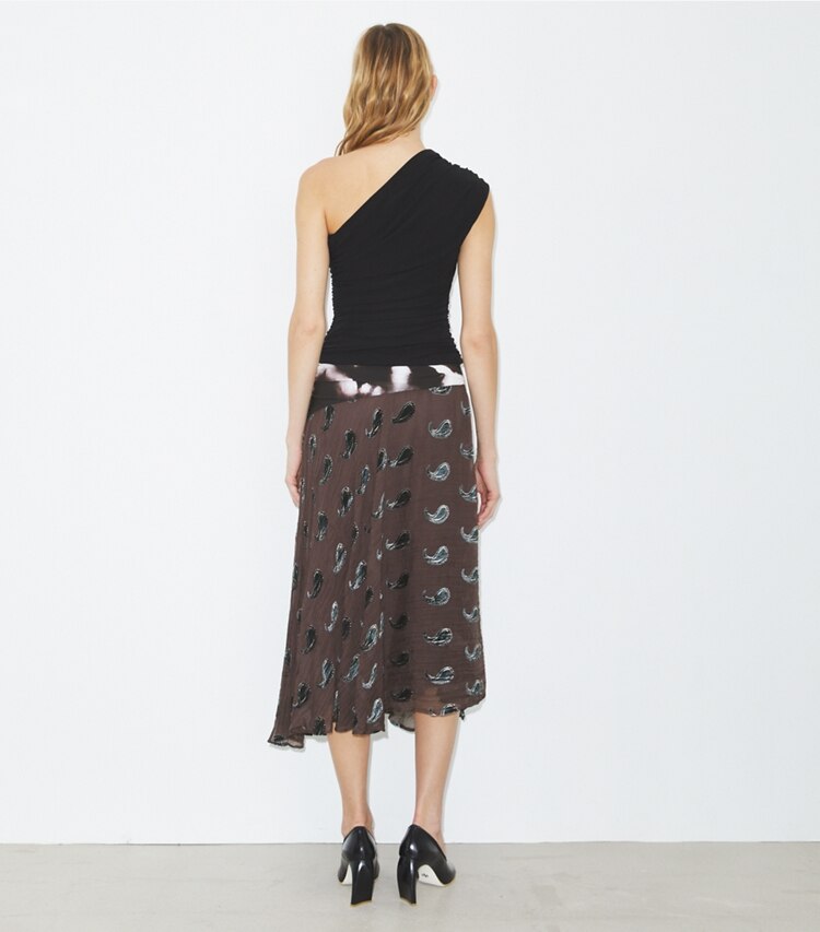 Tory Burch diseñador prendas inferiores Falda de terciopelo en Brown Paisley parte posterior en modelo