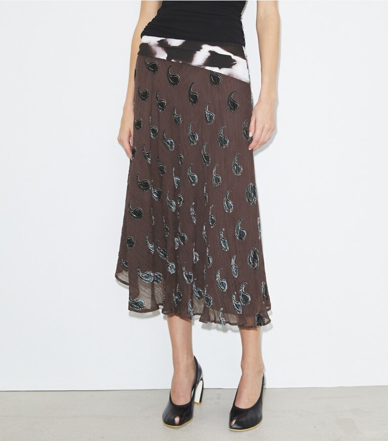 Tory Burch diseñador prendas inferiores Falda de terciopelo en Brown Paisley detalle en modelo