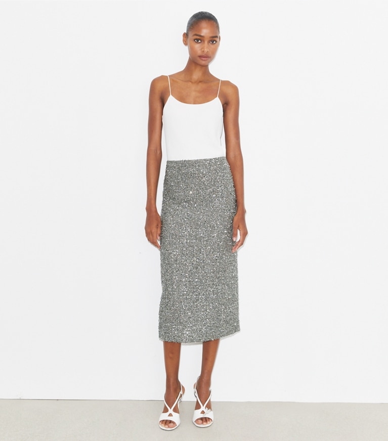 Tory Burch diseñador prendas de abajo Falda de tweed en Metallic Silver adicional en modelo