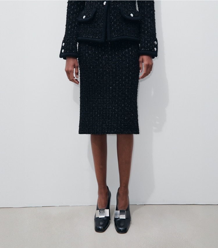Tory Burch diseñador prendas de abajo Falda de tweed metalizada en Black Multi detalle en modelo