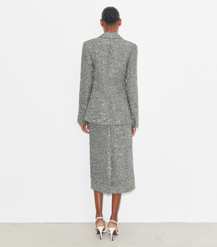 Tory Burch diseñador prendas de abajo Falda de tweed en Metallic Silver parte posterior en modelo