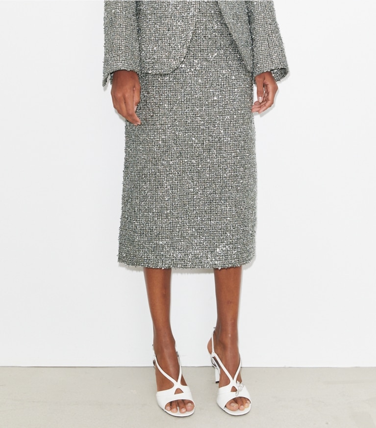 Tory Burch diseñador prendas de abajo Falda de tweed en Metallic Silver detalle en modelo
