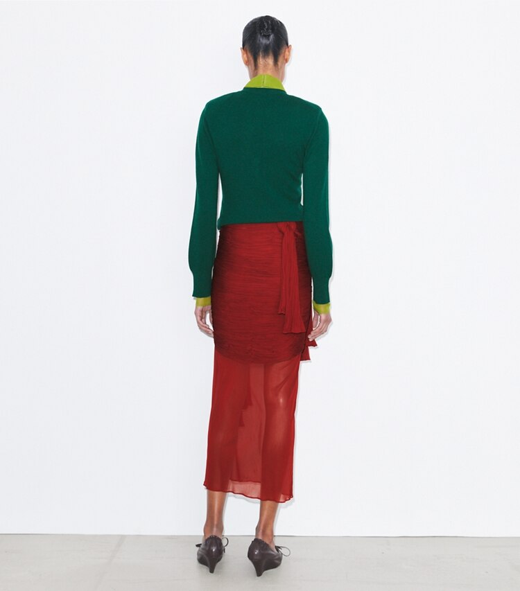 Tory Burch diseñador prendas inferiores Falda de viscosa con nudos en Cranberry parte posterior en modelo