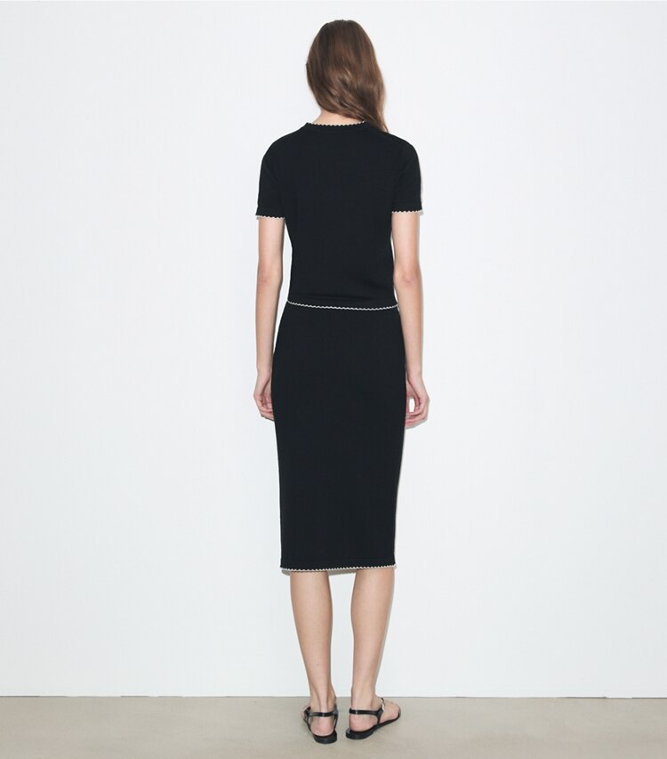 Tory Burch diseñador prendas inferiores Falda festoneada de lana en Black / New Ivory parte posterior en modelo