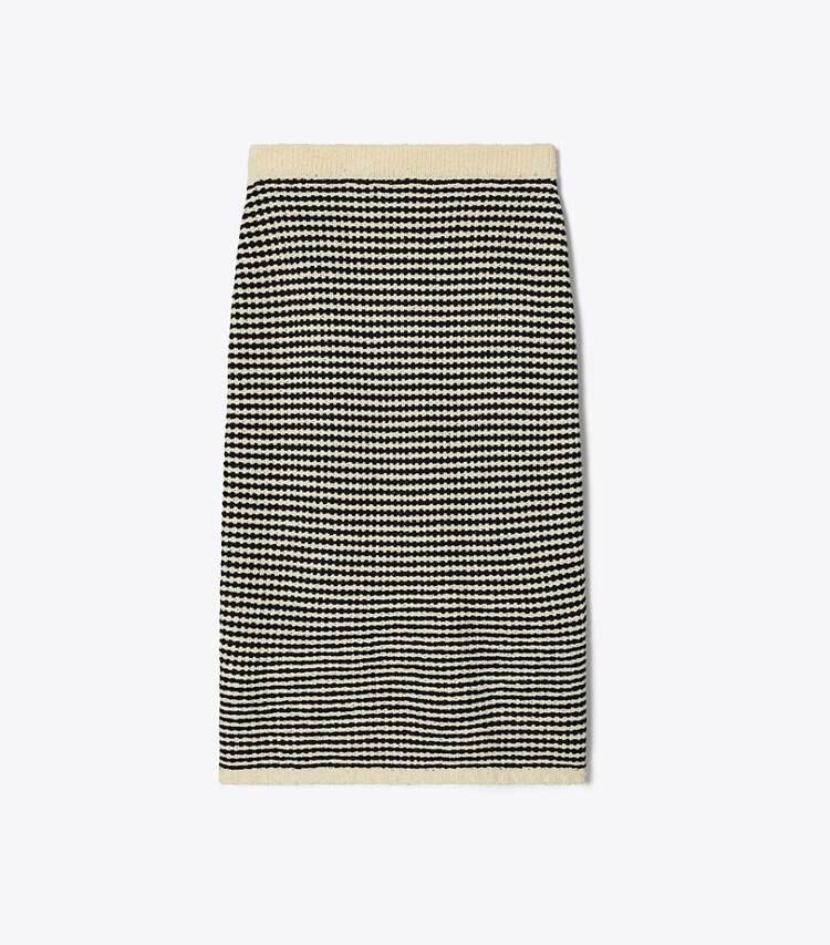 Tory Burch diseñador prendas inferiores Falda midi de algodón a rayas con pespuntes en Medium Navy / French Cream frontal