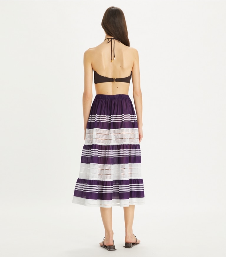 Tory Burch diseñador pareos Falda midi de algodón a rayas en Deep Purple parte posterior en modelo