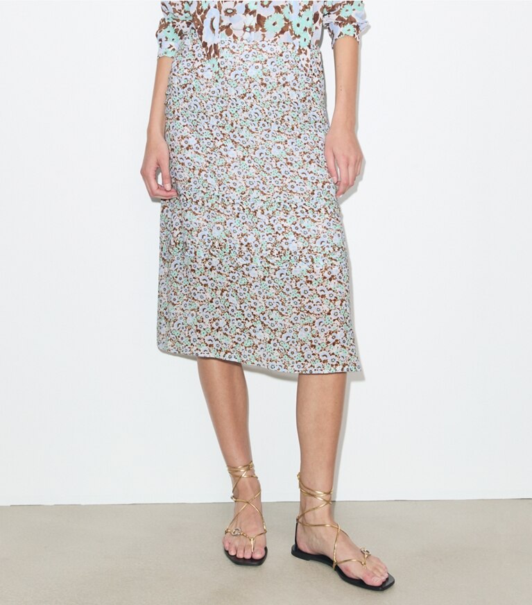 Tory Burch diseñador prendas inferiores Falda plisada de viscosa en Blue Floral detalle en modelo