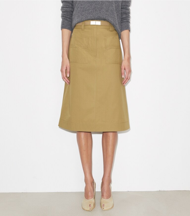 Tory Burch diseñador prendas inferiores Falda tipo camp de algodón en Olive detalle en modelo