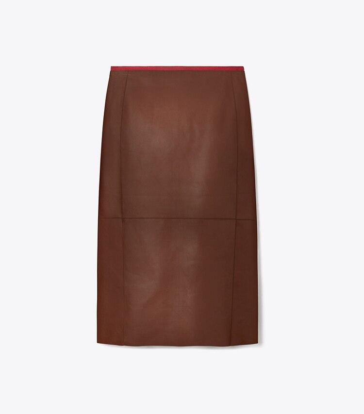 Tory Burch diseñador prendas inferiores Falda tubo de cuero en Rich Mahogany frente
