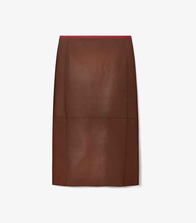 Tory Burch diseñador prendas inferiores Falda tubo de cuero en Rich Mahogany frente
