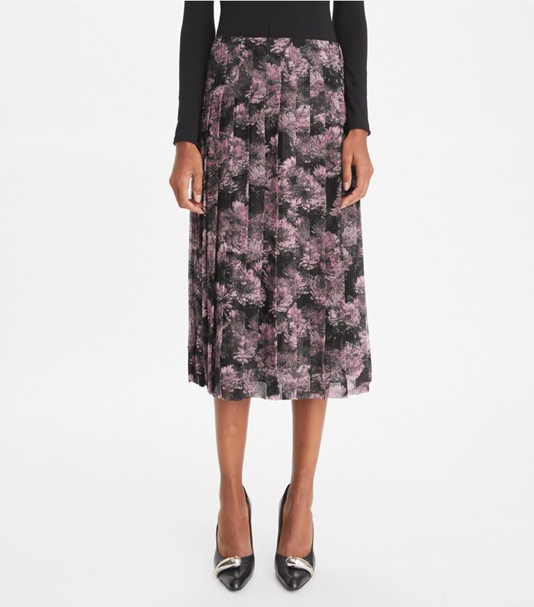 Tory Burch designer unterteile Faltenrock aus bedruckter Seide in Pink Pixel Floral front