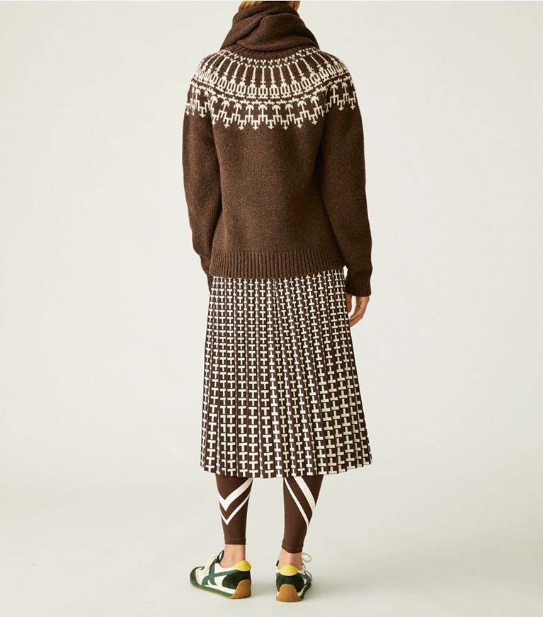 Tory Sport designer unterteile Faltenrock aus Jacquard-Funktionsstrick in Dark Roast Two Way T front