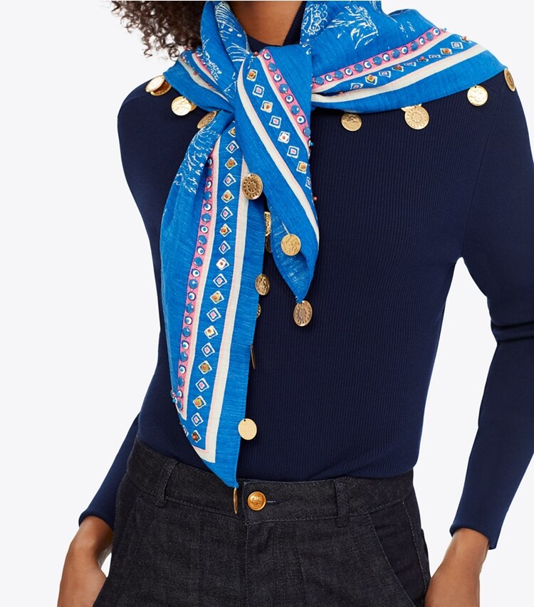 Tory Burch designer scarves Far & Away Square Scarf in Bondi Blue accessory on model