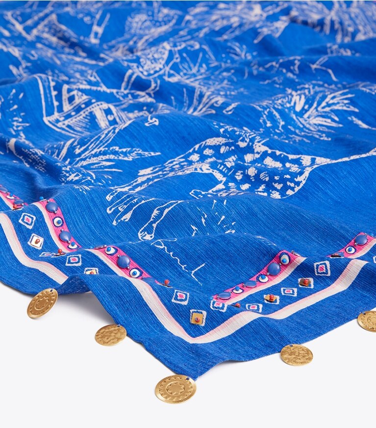 Tory Burch designer scarves Far & Away Square Scarf in Bondi Blue overhead