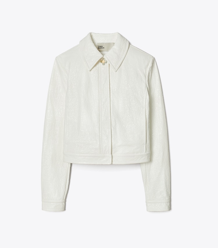 Tory Burch designer jackets Faux Crinkle Leather Jacket in White front