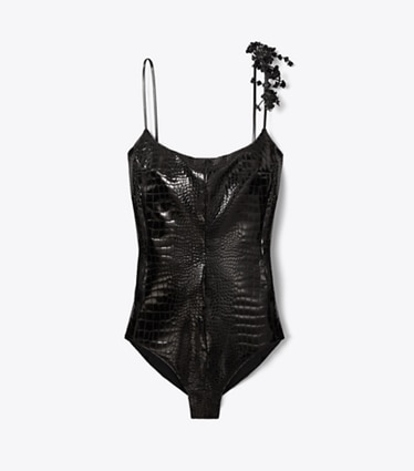 Tory Burch designer tops Faux Croc Bodysuit in Black front