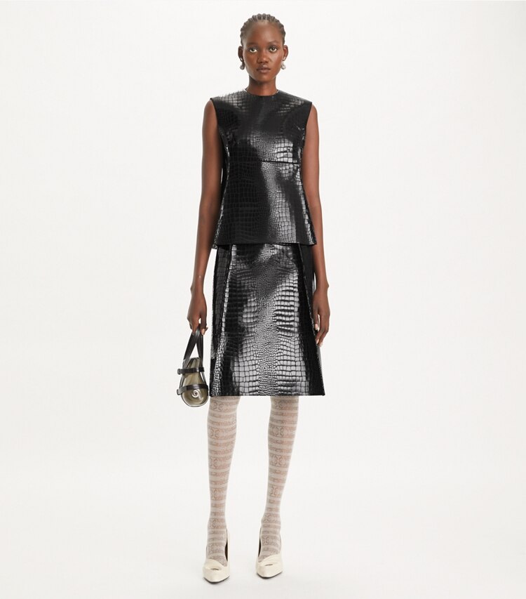 Tory Burch designer bottoms Faux Croc Skirt in Black on model front