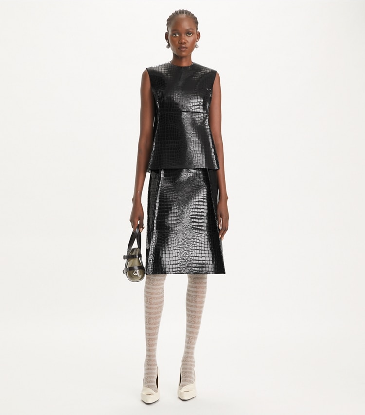 Tory Burch designer tops Faux Croc Top in Black on model front