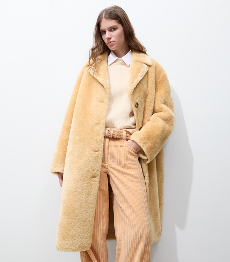 Tory Burch designer coats Faux Shearling Coat in Oatmeal on model detail