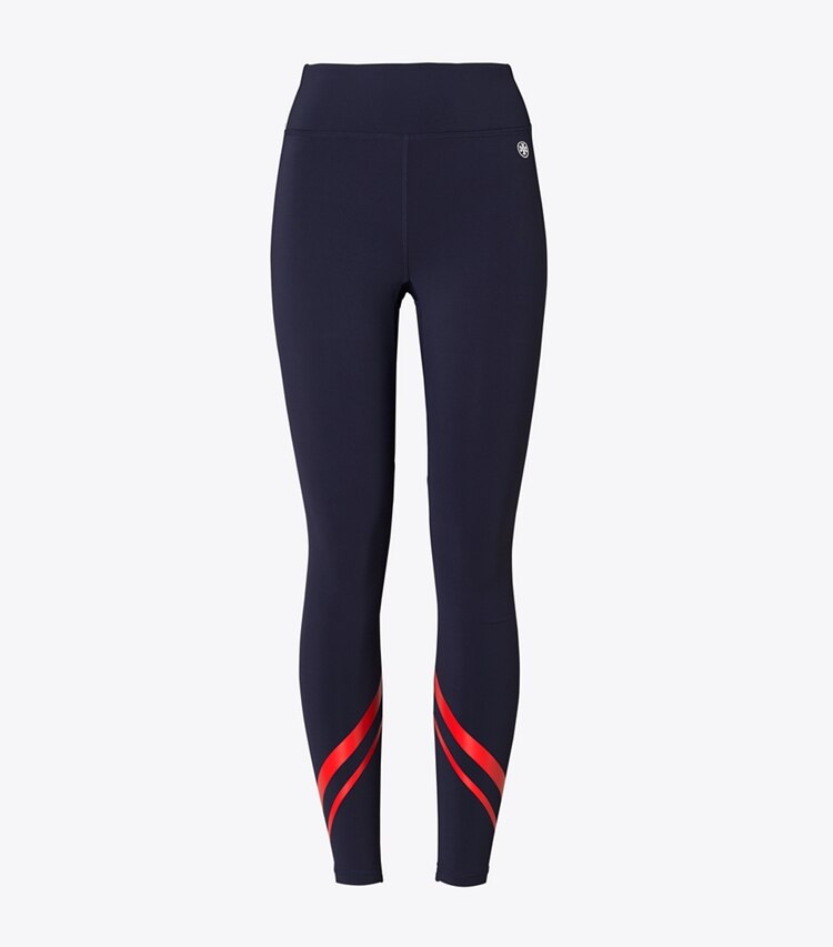 Tory Burch designer unterteile Federleichte Chevron-Leggings mit hohem Bund in Tory Navy/Red front