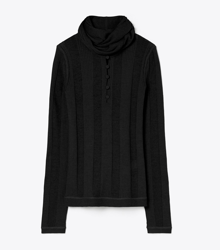Tory Burch designer strickware Fein gerippter Pullover mit Bindedetail vorne in Black front