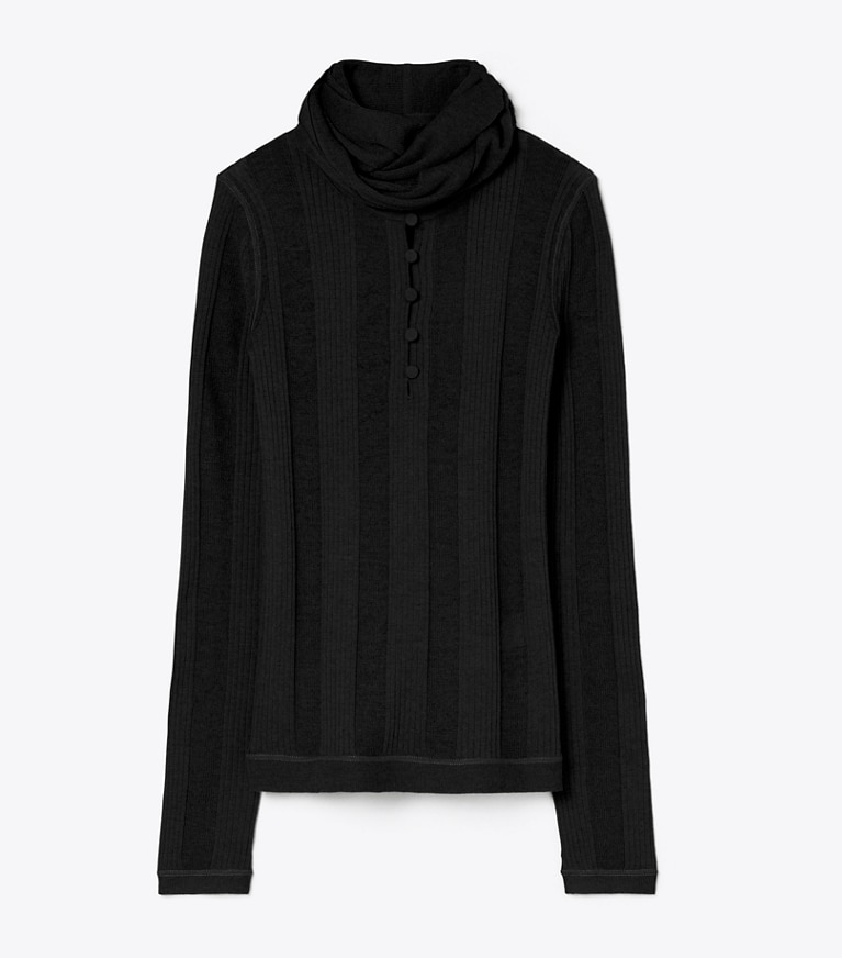 Tory Burch designer strickware Fein gerippter Pullover mit Bindedetail vorne in Black front