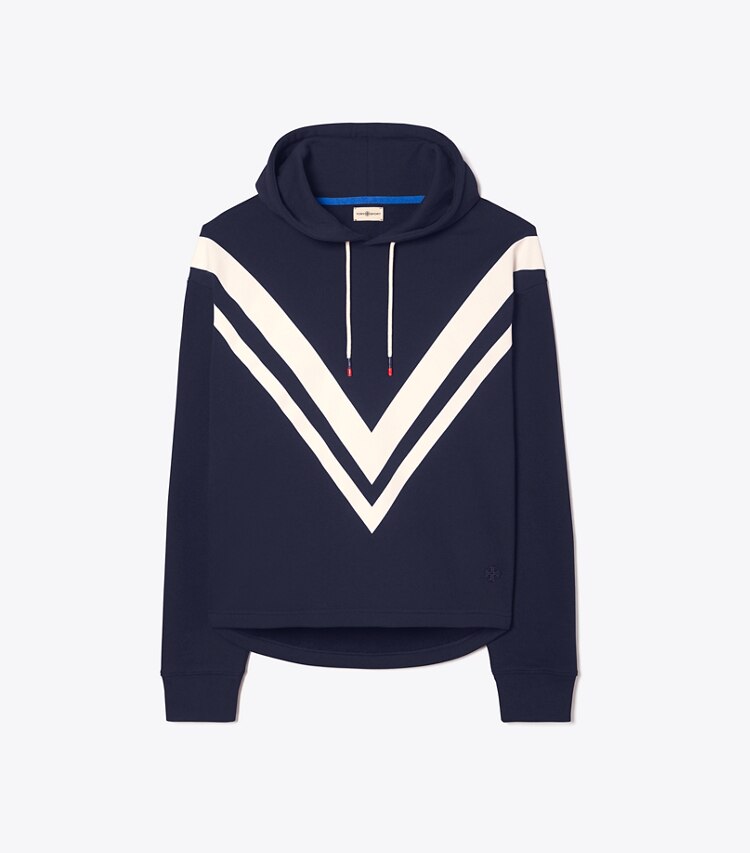 Tory Burch designer maglioni Felpa con cappuccino in spugna con motivo chevron in Tory Navy/Snow White front