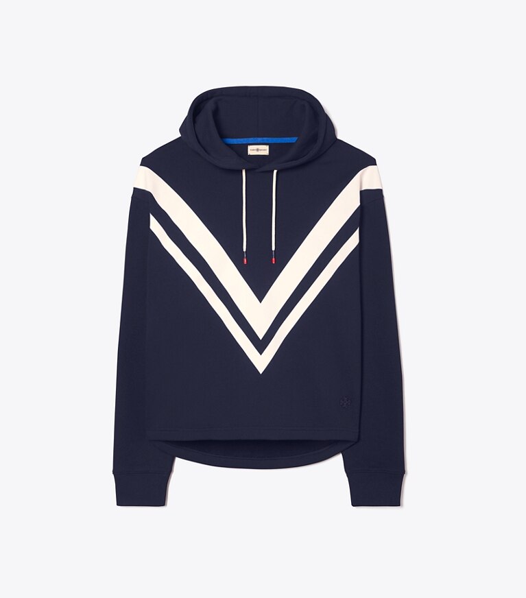 Tory Burch designer maglioni Felpa con cappuccino in spugna con motivo chevron in Tory Navy/Snow White front