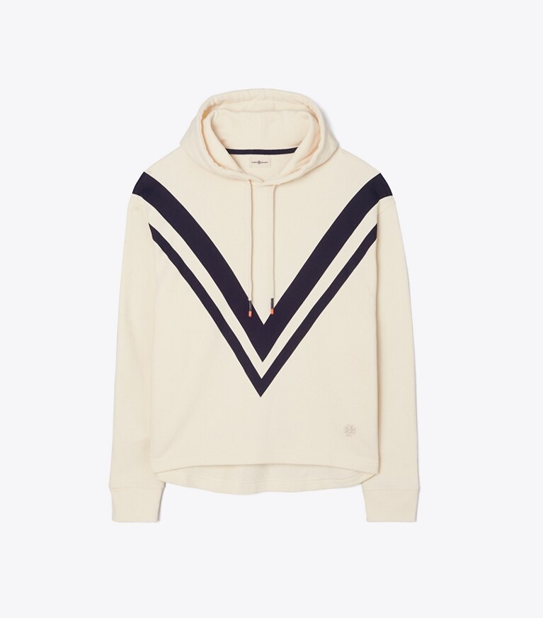 Tory Sport designer maglioni Felpa con cappuccino in spugna con motivo chevron in Ivory Pearl/Tory Navy front