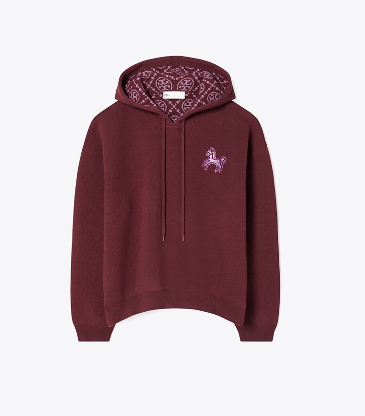Tory Burch designer maglioni Felpa crop in lana con cappuccio in Dark Carmine/ Mini Happy Pony front