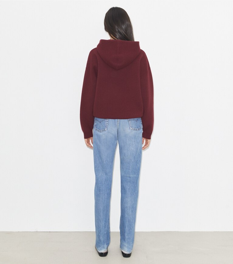 Tory Burch designer maglioni Felpa crop in lana con cappuccio in Dark Carmine/ Mini Happy Pony front