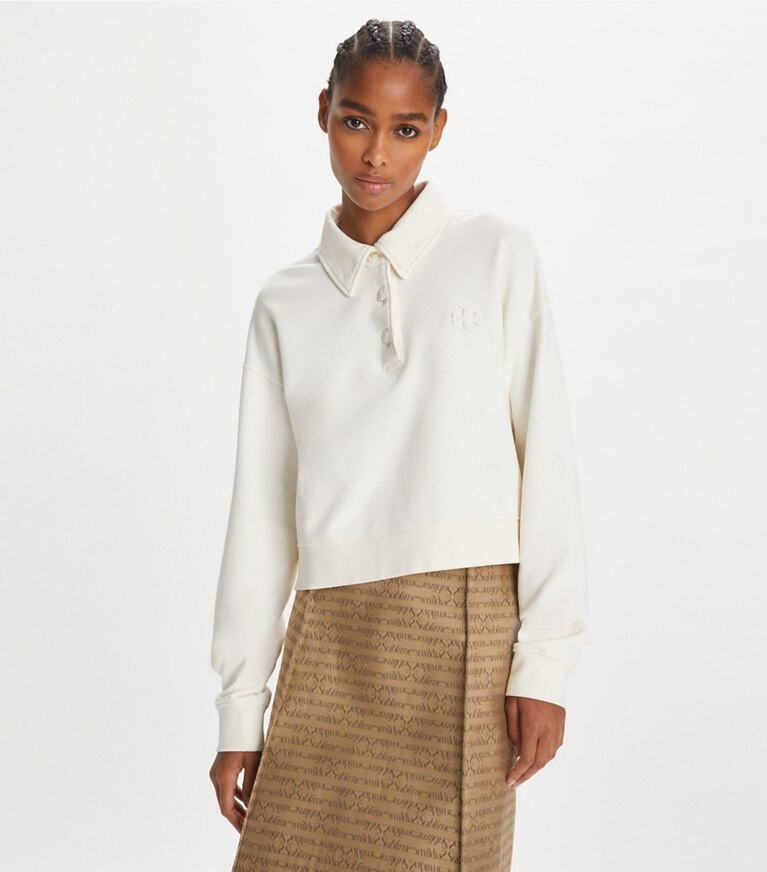 Tory Sport designer maglioni Felpa in spugna di cotone con logo in Ivory White front