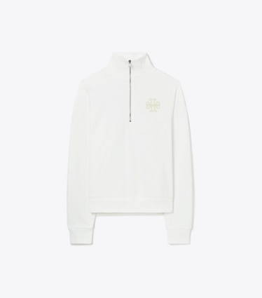 Tory Burch designer maglioni Felpa in spugna di cotone pesante e calda con mezza zip in Snow White front