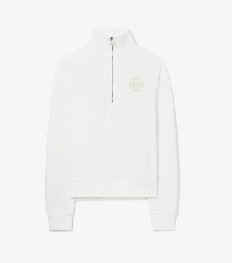 Tory Burch designer maglioni Felpa in spugna di cotone pesante e calda con mezza zip in Snow White front