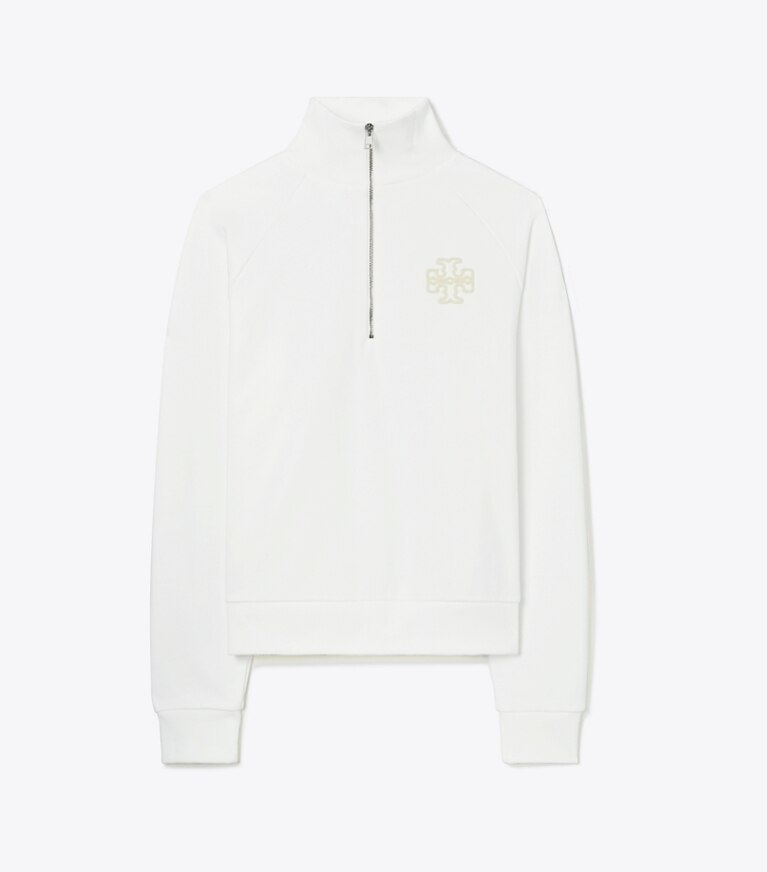 Tory Burch designer maglioni Felpa in spugna di cotone pesante e calda con mezza zip in Snow White front
