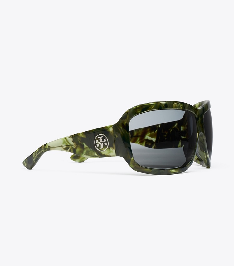 Tory Burch designer lunettes Fh'26 Runway Wrap dans GREEN MARBLE/DARK GREY détails