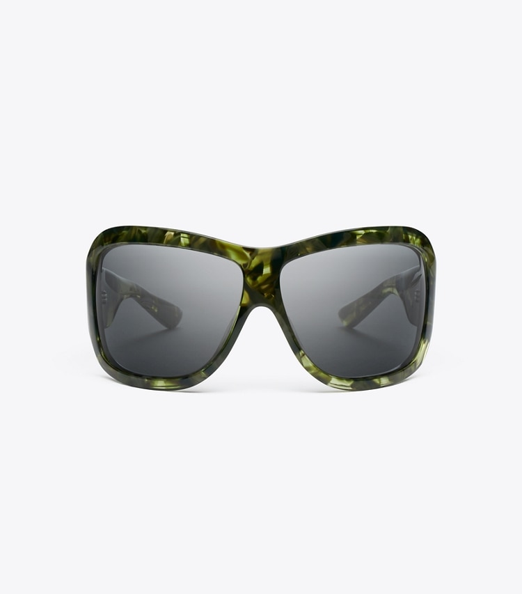 Tory Burch designer lunettes Fh'26 Runway Wrap dans GREEN MARBLE/DARK GREY de face