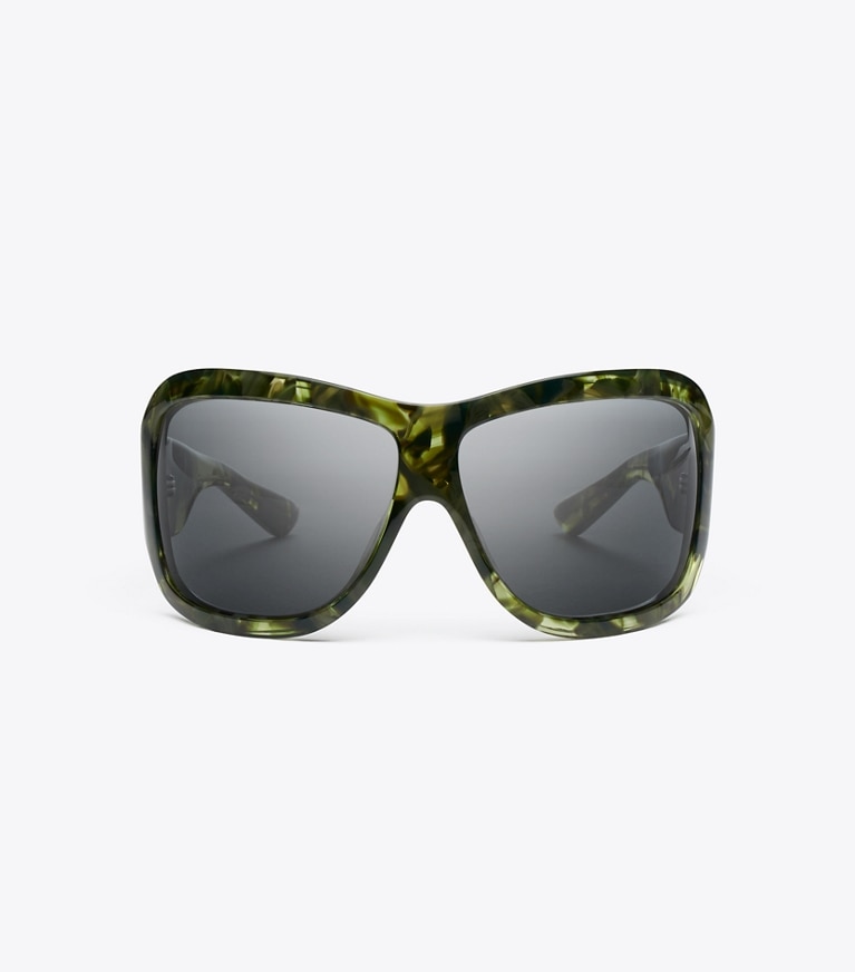 Tory Burch designer lunettes Fh'26 Runway Wrap dans GREEN MARBLE/DARK GREY de face