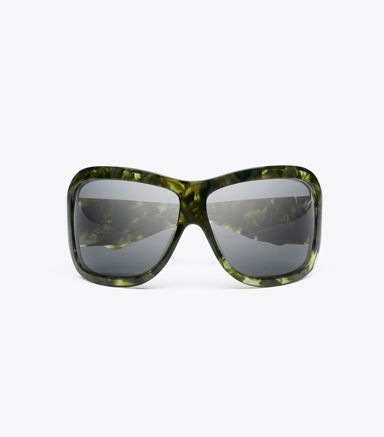 Tory Burch designer lunettes Fh'26 Runway Wrap dans GREEN MARBLE/DARK GREY vue du dessus