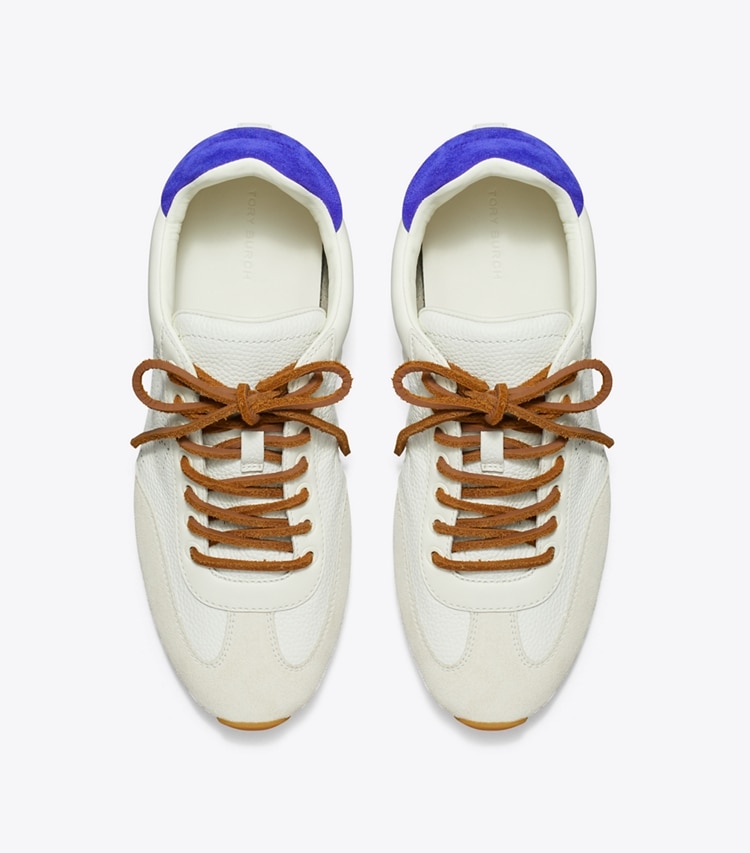 Tory Burch designer sneakers Field Sneaker in BLANC / WHITE MOCHA / BALLPOINT BLUE overhead