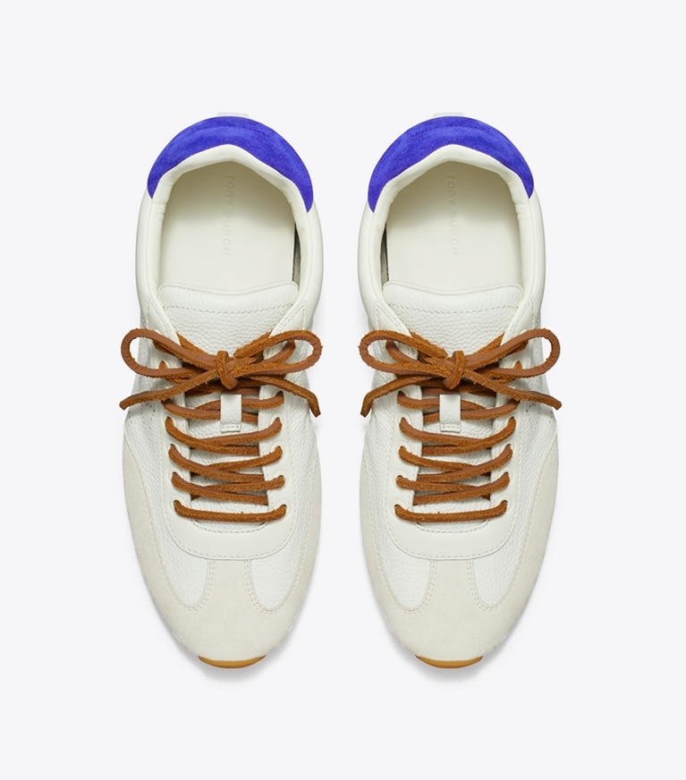 Tory Burch designer sneakers Field Sneaker in BLANC / WHITE MOCHA / BALLPOINT BLUE overhead