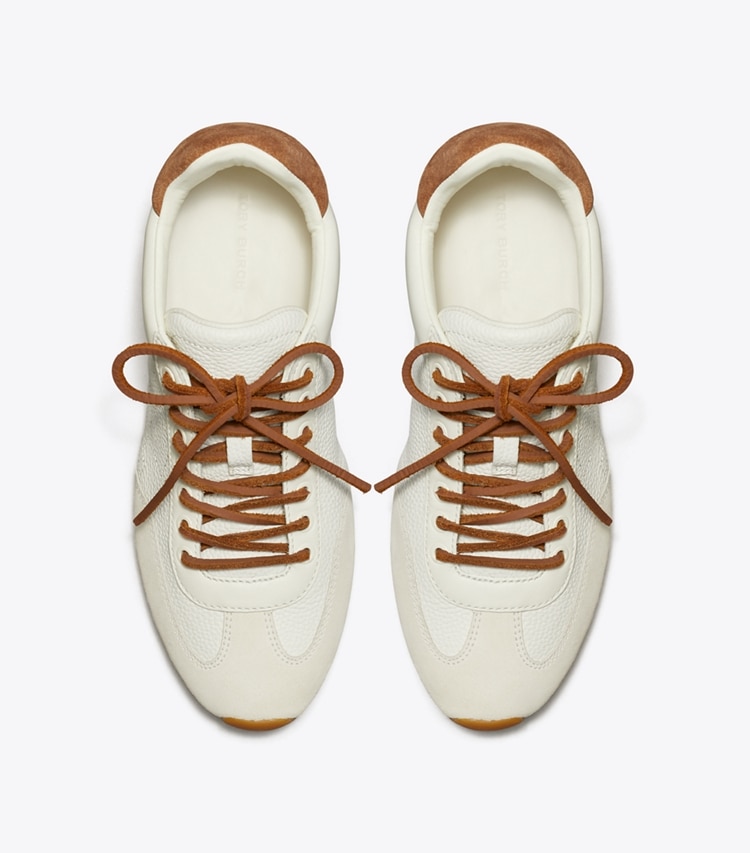 Tory Burch designer sneakers Field Sneaker in BLANC / WHITE MOCHA / GINGERBREAD BROWN overhead