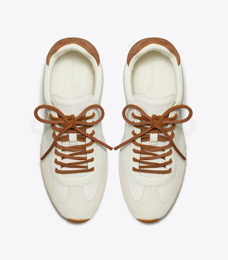 Tory Burch designer sneakers Field Sneaker in BLANC / WHITE MOCHA / GINGERBREAD BROWN angle
